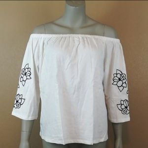 J. Crew Off-Shoulder White Blouse with Black Floral Design